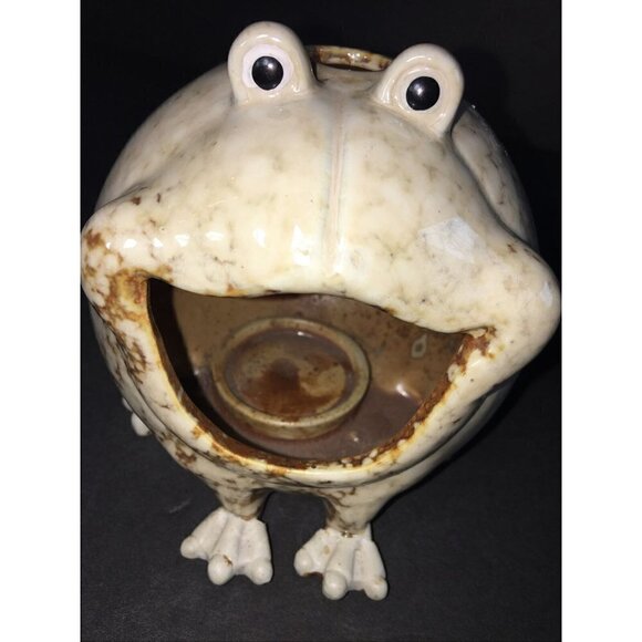 Frog Art Pottery Toothbrush Holder Cream Brown Spotted Toad Neutral Vase Flower - Picture 3 of 8